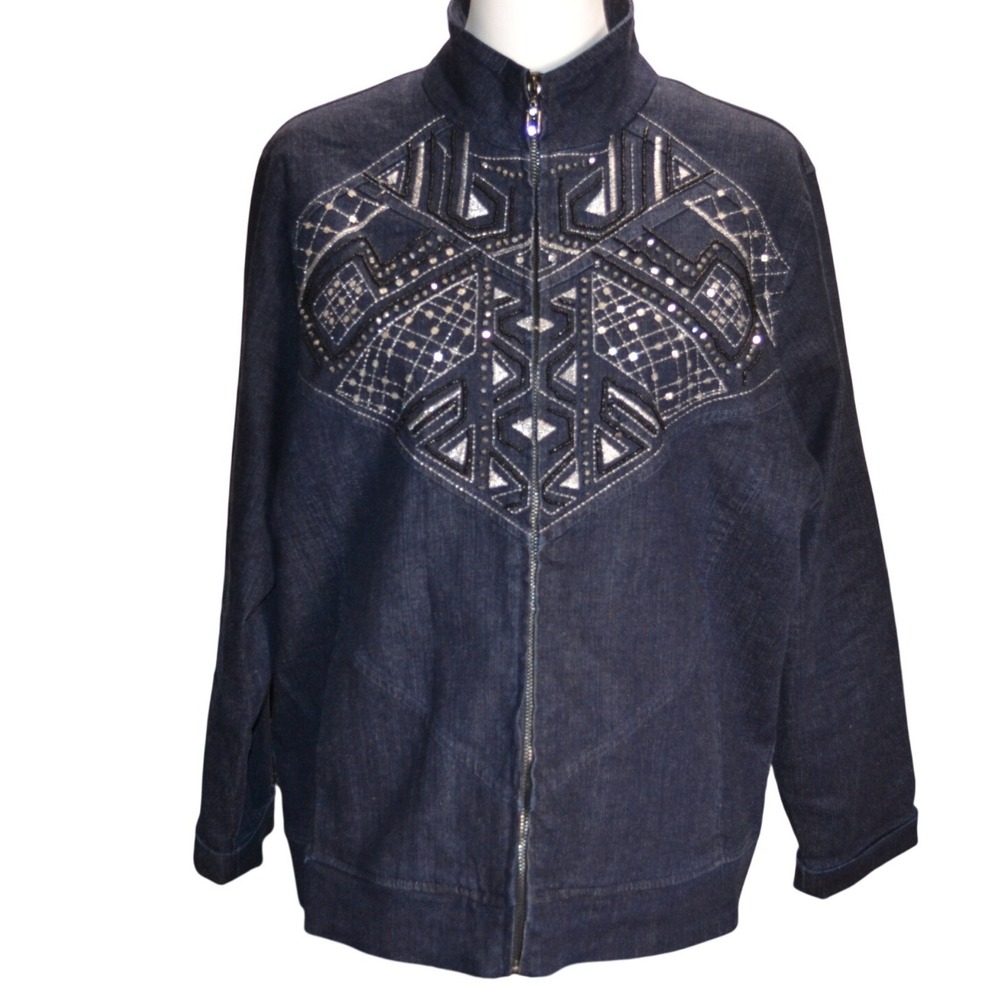 Da-Rue Denim Jacket Women PXL Blue Beaded Zip Petite Casual‎ Bold Sparkle Vibe